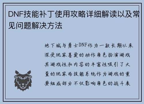 DNF技能补丁使用攻略详细解读以及常见问题解决方法