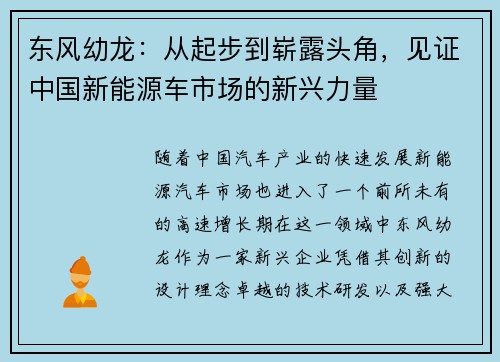 东风幼龙：从起步到崭露头角，见证中国新能源车市场的新兴力量