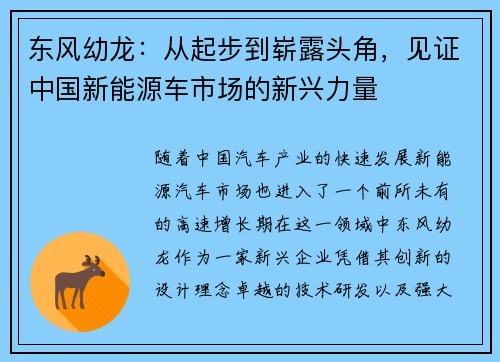 东风幼龙：从起步到崭露头角，见证中国新能源车市场的新兴力量